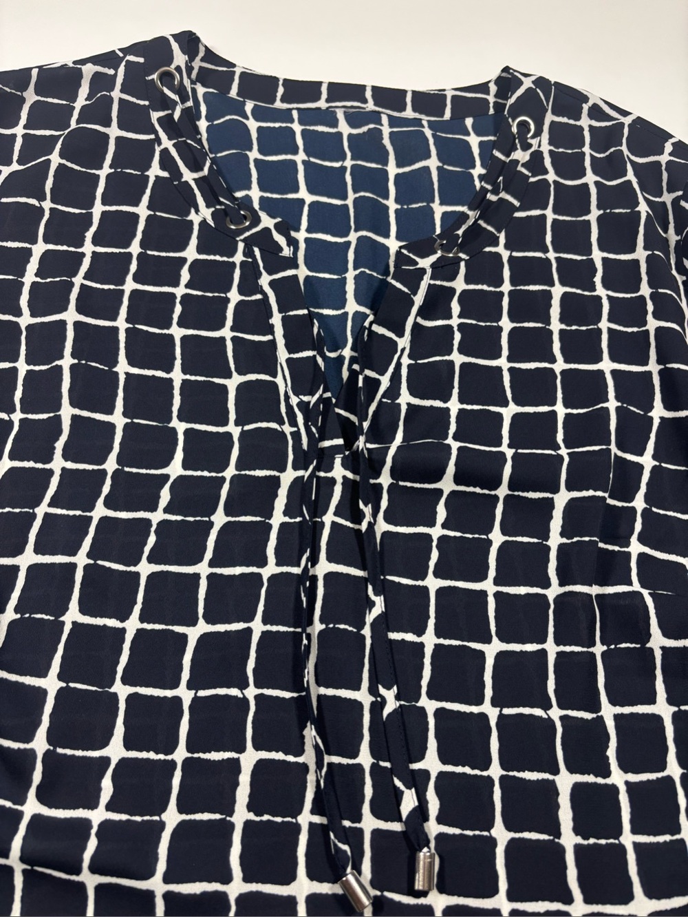 Navy Grid-Print Lace-Up Tunic